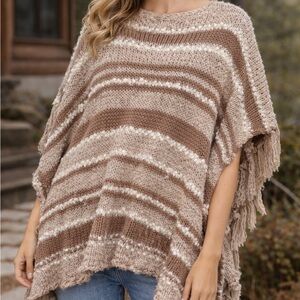 Free People Chunky Knit Fringe Poncho OS Boho Cream Taupe